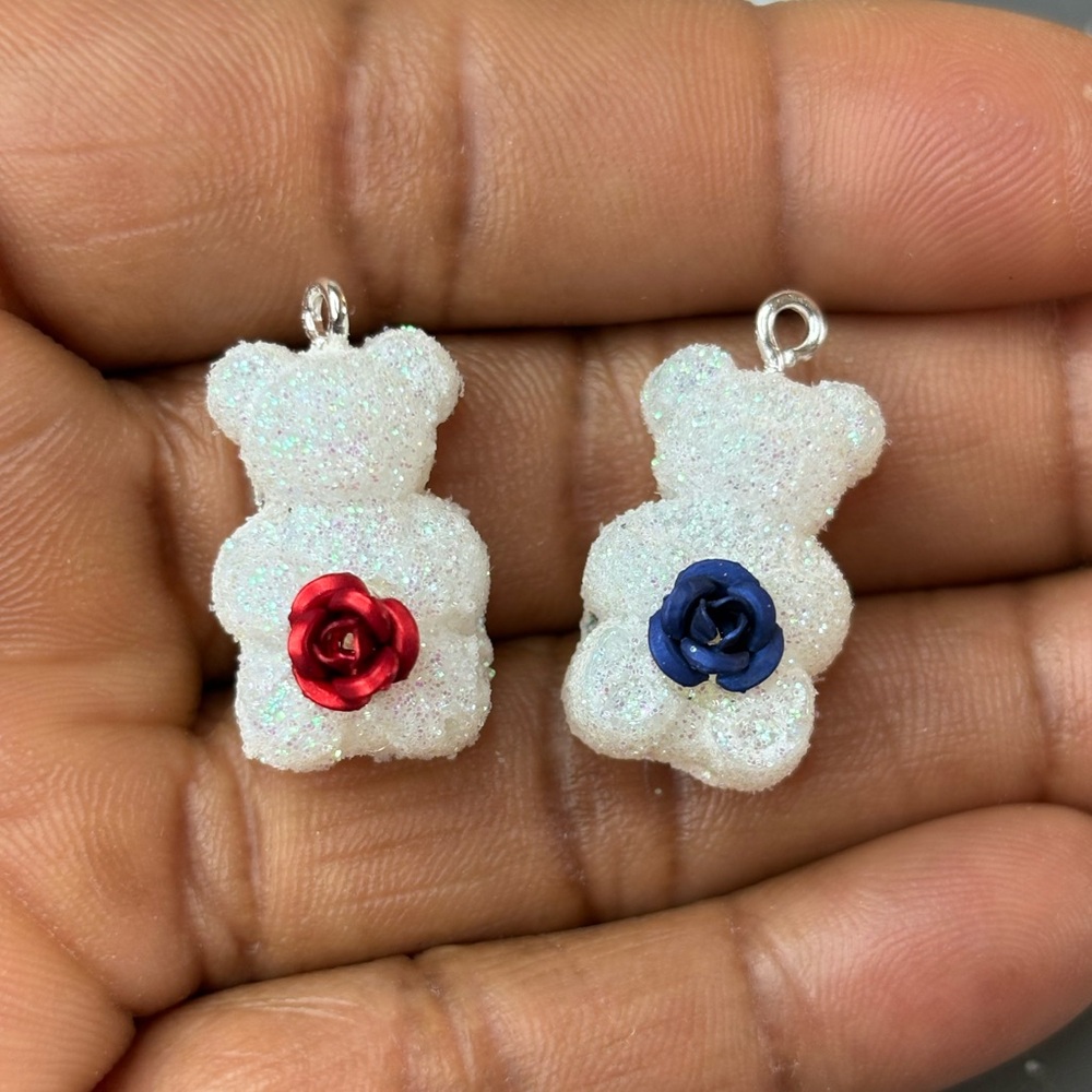White Glitter Bear Charms with Rose Accents